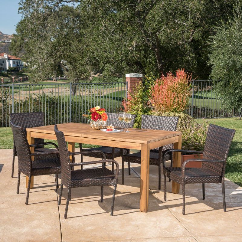 Lambert 7pc Acacia & Wicker Dining Set - Teak/Brown - Christopher Knight Home: Expandable, Weather-Resistant Outdoor Patio Set with Stackable Chairs, 1 of 6