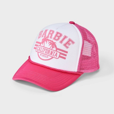 Girls' Barbie California Trucker Hat - Pink: Adjustable Snapback, Midweight Twill, Typography Pattern, Machine Washable