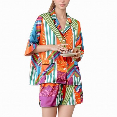 Anna-Kaci Lounge Women's Bold Stripe Print Pajama Set with Notch Collar Button Up Top and Relaxed Fit Matching Shorts - X Large, Many Colors