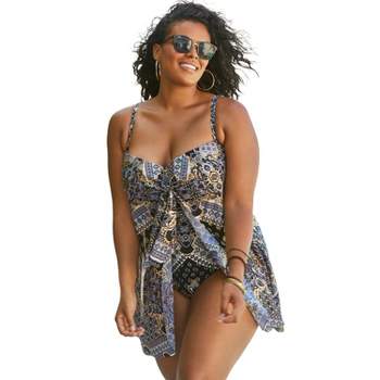 Swim 365 Women's Plus Size Sarong Swimsuit, 14 - Multi Textured Palm :  Target