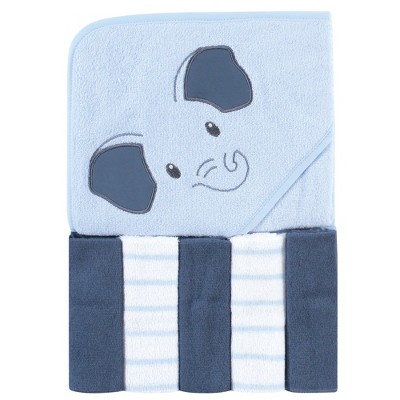 Hudson Baby Infant Boy Hooded Towel and Five Washcloths, Blue Elephant, One Size