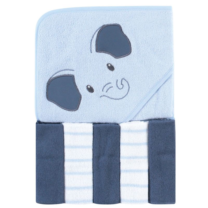 Hudson Baby Infant Boy Hooded Towel and Five Washcloths, Blue Elephant, One Size, 1 of 4