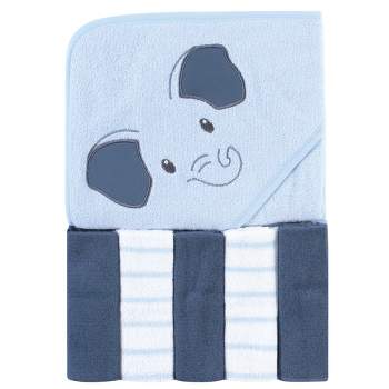 Hudson Baby Infant Boy Hooded Towel and Five Washcloths, Blue Elephant, One Size