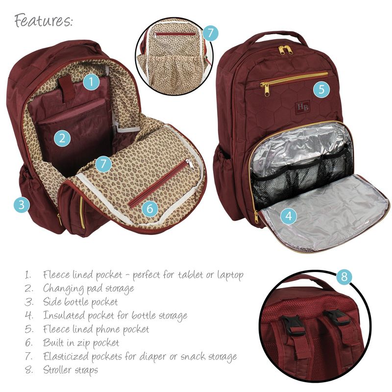 Hudson Baby Premium Diaper Bag Backpack and Changing Pad, Burgundy, One Size, 4 of 6