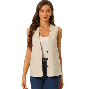 Allegra K Women's Cotton Linen Casual V Neck Button Down Sleeveless Vest - 1 of 4