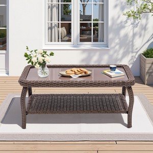 Outdoor Wicker CoffeeTable Patio Coffee Tables for Outside, Tempered Glass Top Wicker Table with Storage Coffee Table for Patio Balcony Porch Deck - 1 of 4