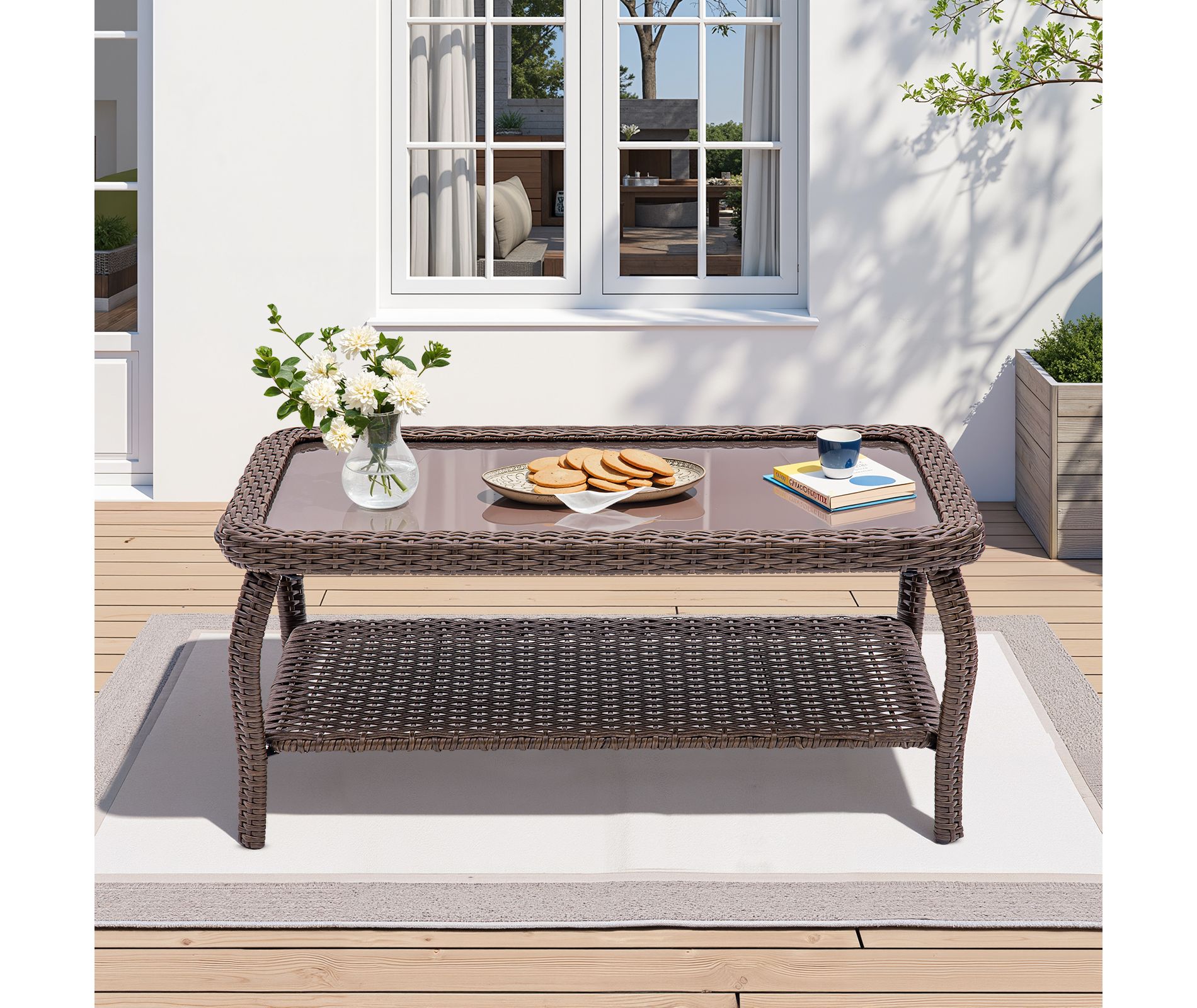 Outdoor Wicker CoffeeTable Patio Coffee Tables for Outside, Tempered Glass Top Wicker Table with Storage Coffee Table for Patio Balcony Porch Deck