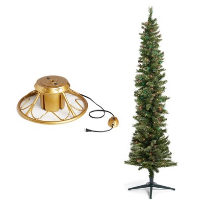 Home Heritage 1-1.75" Christmas Tree Base Rotating Metal Stand with Stanley 7' Skinny Pencil 350 Pre-Lit Multicolored Lights Artificial Christmas Tree