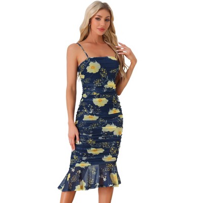 Allegra K Women's Spaghetti Strap Floral Print Mesh Sleeveless Ruched Party Midi Bodycon Dress