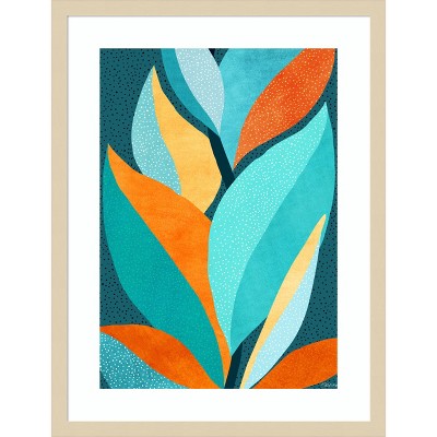 Abstract Tropical Foliage Blue and Orange Wood Framed Wall Art
