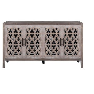 HomeRoots 63" Brown Distressed Carved Scrollwork Sideboard with Four Doors - 1 of 4