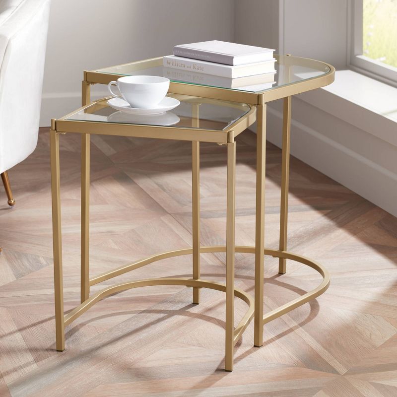 Kensington Hill Ezio Modern Metal Nesting Tables 24" x 20 3/4" Set of 2 Gold Clear Tempered Glass for Living Room Bedroom Bedside Entryway Home Office, 2 of 10
