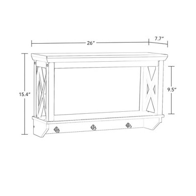 Black Wood Wall Shelf with Hooks and Open Shelves
