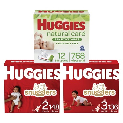 Image of Huggies Little Snugglers Baby Diapers Size 2 - 148ct + Size 3 - 136ct + Natural Care Sensitive Baby Wipes - Bundle
