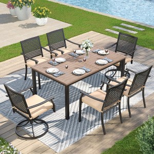 Captiva Designs 7pc Patio Wood-look Steel Dining Table with Umbrella Hole & Stackable Chairs with Bull's Eye Pattern - 1 of 4