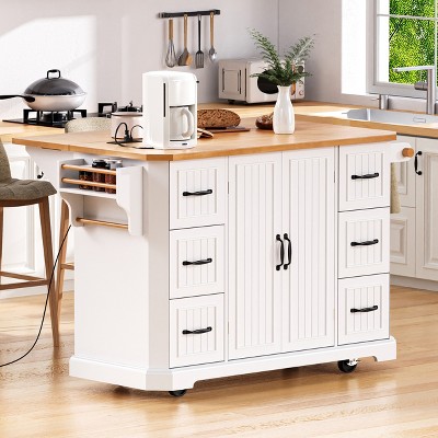 56" Kitchen Island With Drop Leaf, Rolling Kitchen Cart On Wheels, Rolling Kitchen Table with Drawers, Mobile Kitchen Cart for Living Room