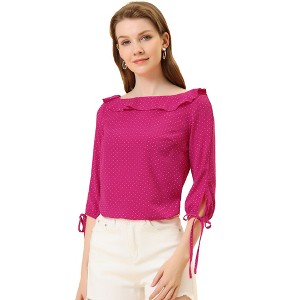 Allegra K Women's Vintage 3/4 Sleeve Boat Neck Ruffled Dots Print Blouse - 1 of 4