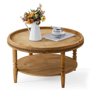 Gulches 31.3" Round Boho Coffee Table - 2-Tier Accent Table with Beaded Trim & Curved Legs, Rustic Living Room Cocktail Table - 1 of 4