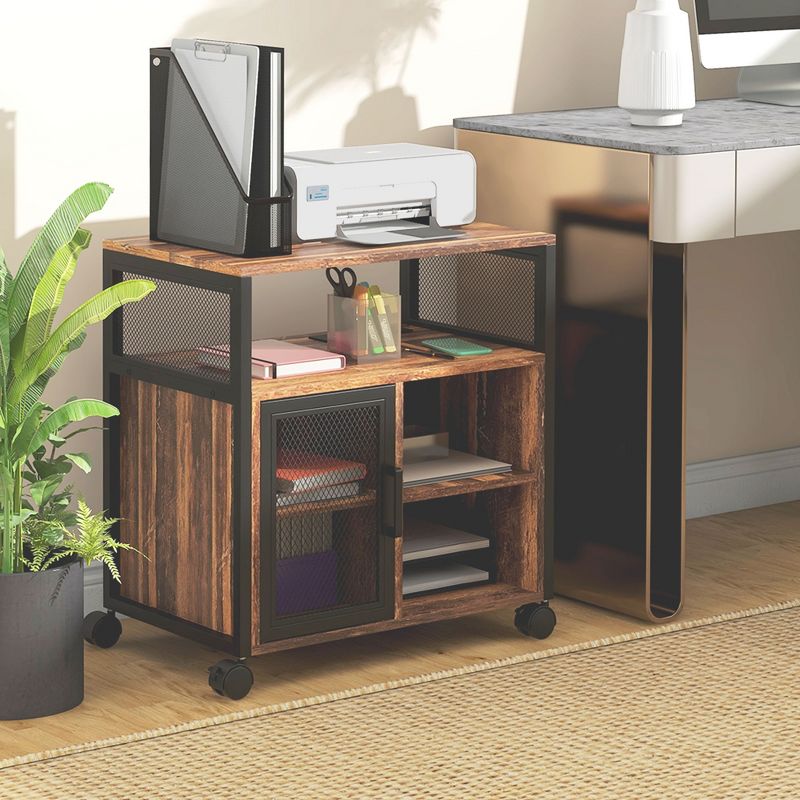 Vinsetto Printer Table with Socket and USB Charging Ports, Mobile Printer Stand with Storage Cabinet, Wheels, Adjustable Shelf, Rustic Brown, 3 of 7
