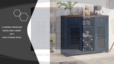 Navy Blue 47" Wine Cabinet with Glass Doors and Metal Rack