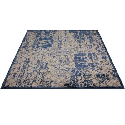 Ivory and Navy Blue Medallion 2'2" x 7'6" Synthetic Area Rug