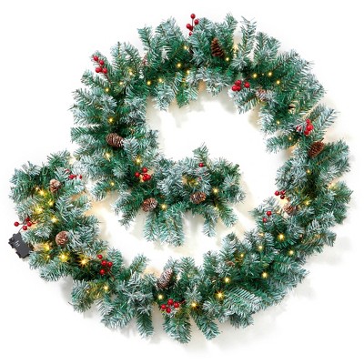 Casafield Pre-Lit Artificial Christmas Garland, 9FT Pre-Decorated Snow-Flocked Garland with 100 White Lights, Pine Cones, Berries Holiday Décor