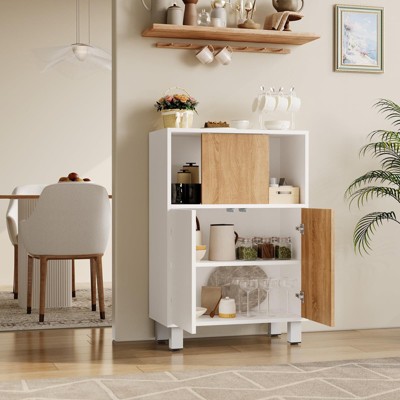 Kitchen Buffet Sideboard Cabinet with Storage, Wooden Bathroom Storage Cabinet with Adjustable Shelf & Sliding Barn Door