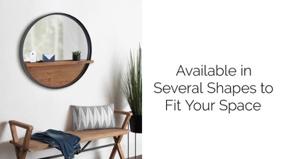 Octagon Black Metal Wall Mirror with Wood Shelf