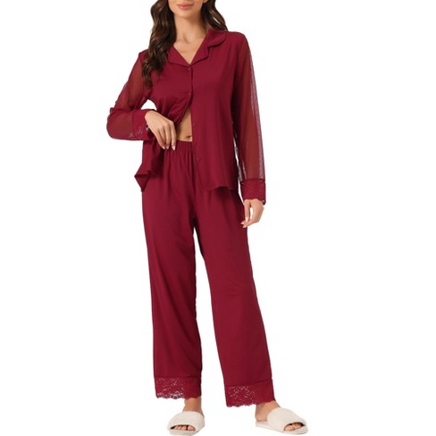 cheibear Women's Button Down Sheer-Mesh-Sleeve Sleepwear Shirt with Long  Pants Pajama Set Red Large