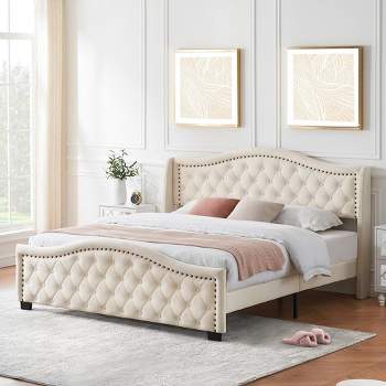 Queen King Bed Frame, Upholstered Platform Bed with Wingback Tall Headboard and Button Tufted Design, Wood Slat Support, No Box Spring Needed, Beige