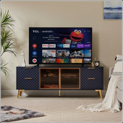 KIGFTSOD Deluxe Sculpted Modern Geometric TV Stand – Aluminum Frame, Tempered Glass Door, 4-Drawer Chest w/Adjustable Metal Feet