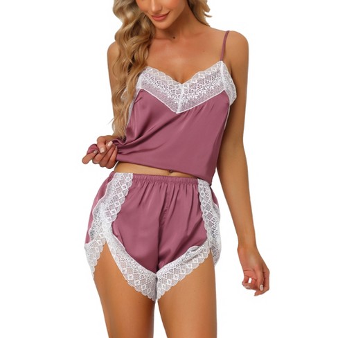 cheibear Womens Sleepwear Pjs Lace Trim Satin Lingerie Silk Cami with Shorts Pajama Set Lotus Pink Small