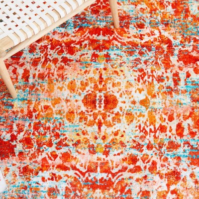 Red and Light Blue Round Washable Synthetic Area Rug