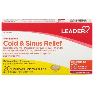 Leader Non Drowsy Cold and Sinus Relief Capsules for Sinus Congestion ...