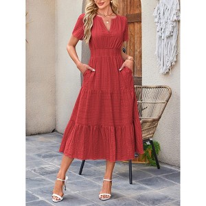 Women's short sleeve Dresses Summer V Neck Elastic Waist Maxi Dress - 1 of 3