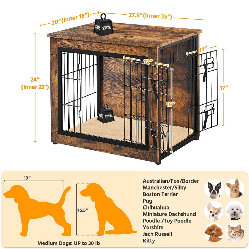 Yaheetech Industrial Multi-functional Dog Crate Furniture Wooden Dog Kennel, Rustic Brown, 3 of 8