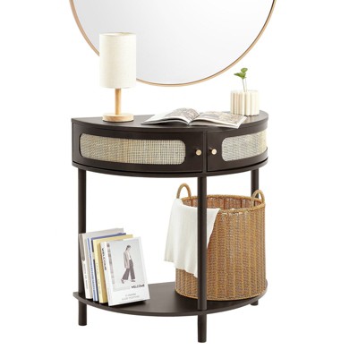 Yukimo Half-Moon Rattan Console Table - 2 Storage Drawers + Rattan Sliding Door, Curved Accent Table for Entryway/Living Room/Bedroom (Black)