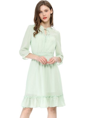 Allegra K Women's Solid Ruffle Hem 3/4 Sleeve A-Line Smocked Short Chiffon Dress