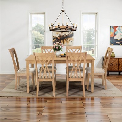 7 PCS Modern Style Dining Set for Dining Room, MDF Tabletop Dining Table, 6 Brown Wood Frame Dining Chairs with Anti-Slip Polyester Cushion-Baofuwish