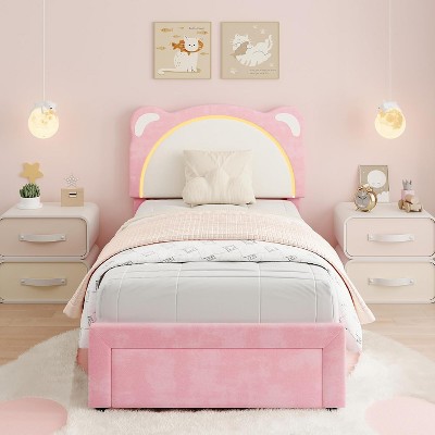 Bed Frame, Kids Upholstered Platform Bed Frame with Adjustable Headboard & Led Light, Wooden Slats Support
