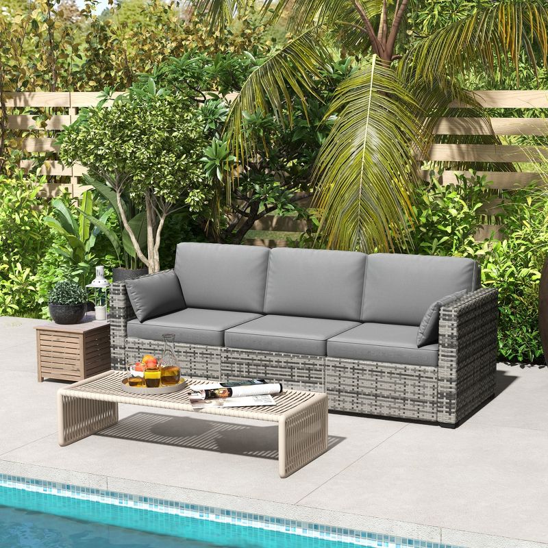 Outsunny Wicker Patio Couch, PE Rattan 3-Seat Sofa, Outdoor Furniture with Deep Seating, Cushions, Steel Frame, Gray, 2 of 7