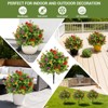 Set of 2 Artificial Boxwood Ball Topiary Trees with Flowers, Fake Outdoor Shrubs with Ground Spikes for Porch Garden Patio - 2 of 4