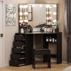 Jojoka Corner Vanity Desk with Lighted Mirror and Stool, Makeup Table with Storage and Charging Station - 1 of 4