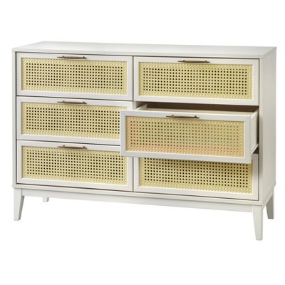 Mid-Century White and Natural Rubberwood 6-Drawer Dresser with Gold Hardware
