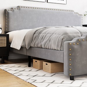 Platform Bed Frame, with Rivet Decor Headboard, Velvet Upholstered Bed Frame with Strong Wood Slat Support, No Box Spring Needed, Gray - 1 of 4
