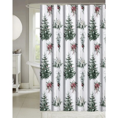 Christmas Shower Curtain PEVA Vinyl Poinsettia Ornament Print w Resin Hook Set 