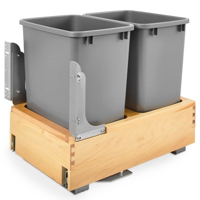 Double 35 Quart Silver Pull-Out Trash Can with Maple Base