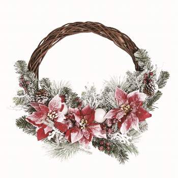 Transpac Natural Fiber Multicolor Christmas Poinsettia Ornament Twig Wreath