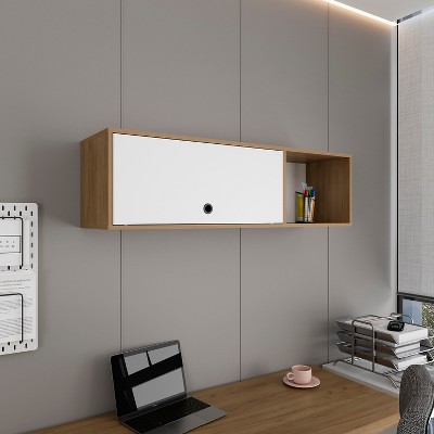 Vynxaria 47" Wide One-Door Wall Cabinet with Three Shelves and Pull-Up Door, White and Natural Oak