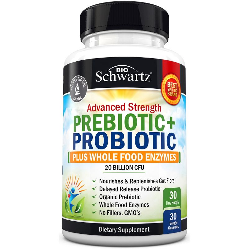 Prebiotic and Probiotic 20 Billion CFU + Whole Food Enzymes Capsules, Shelf-Stable, Probiotics Lactobacillus Acidophilus, Bioschwartz, 30ct, 1 of 7